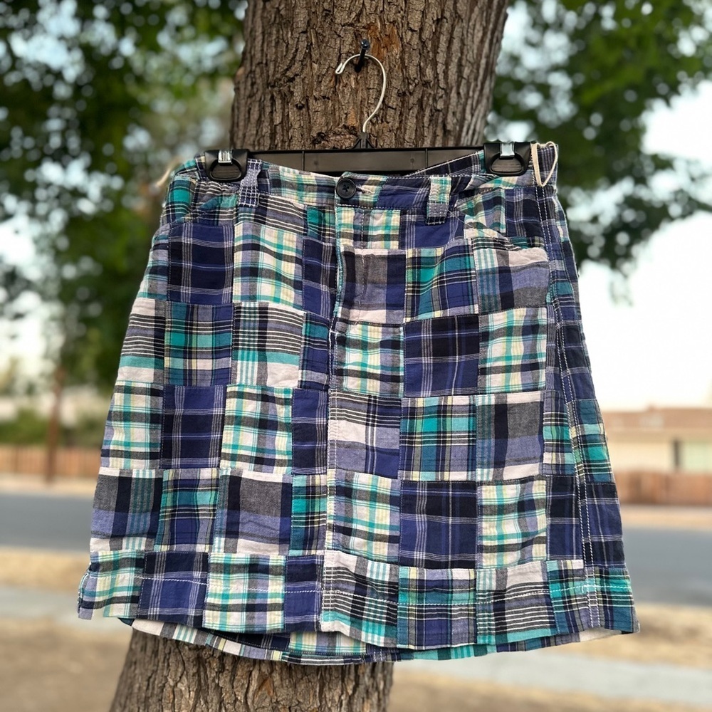 Vintage Croft & Barrow Shades of Blue Plaid Checkered Patchwork Mini Skirt